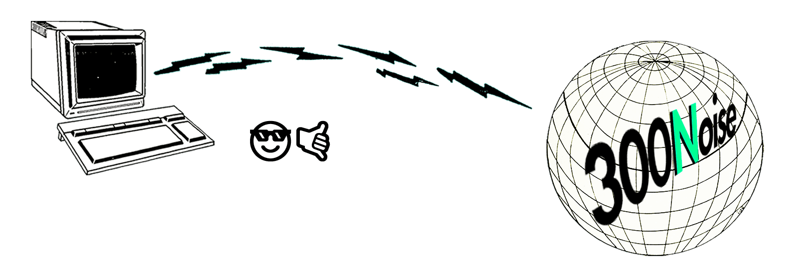 Banner que mostra um computador retrô, raios saindo do computador em direção ao globo desenhado com grades, com a logo 300 noise. Um emoji de óculos no centro.